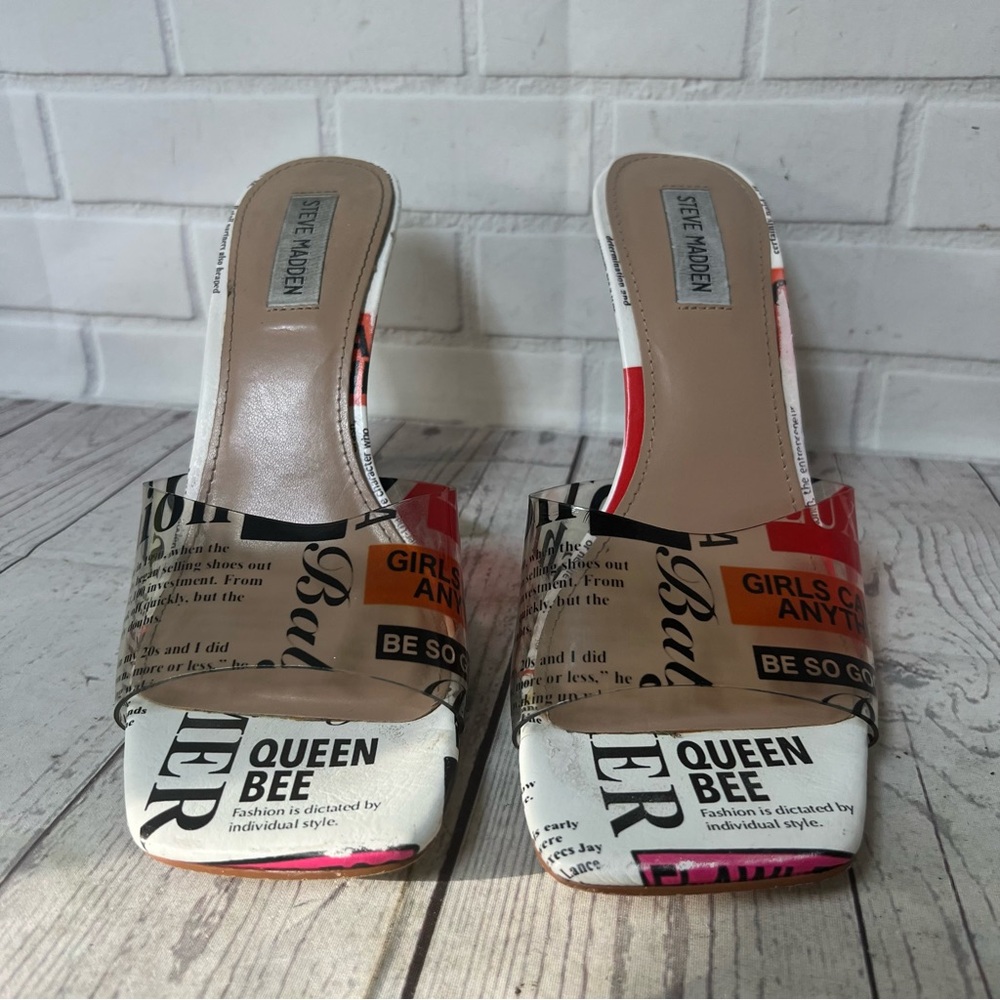 Vintage Steve Madden Y2K Size 10 Newspaper News Print Heels Clear Slide Shoes - Picture 13 of 16